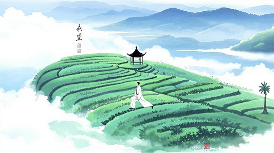 A person practicing Taichi in a serene mountain landscape with terraced fields and traditional Chinese pavilion, representing the peaceful and harmonious nature of Taichi practice